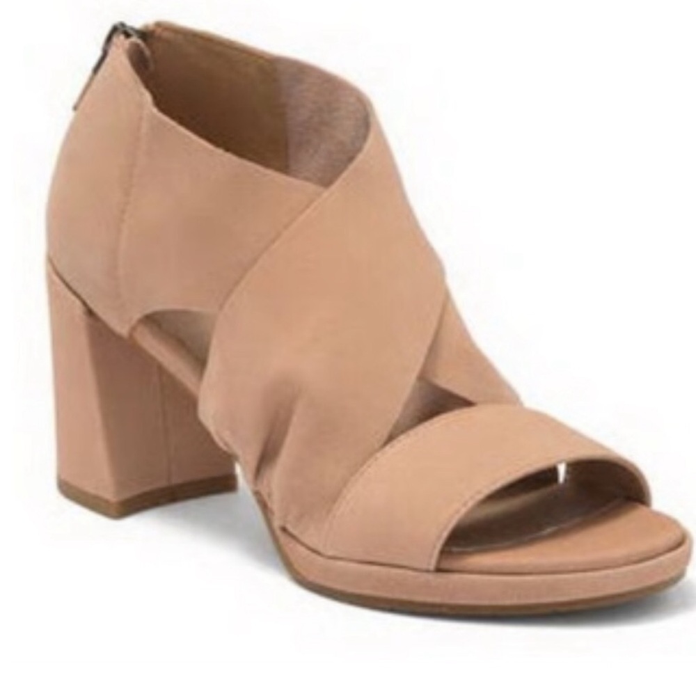 New Eileen Fisher Latte Tumbled Nubuck Marla Block Heel Sandal